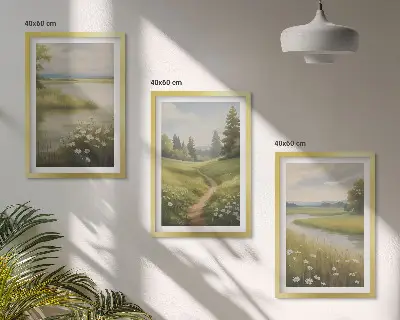 Cadre photo mural représentant un paysage printanier avec une prairie riveraine