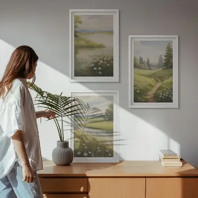 Cadre photo mural représentant un paysage printanier avec une prairie riveraine