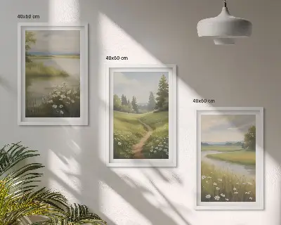 Cadre photo mural représentant un paysage printanier avec une prairie riveraine