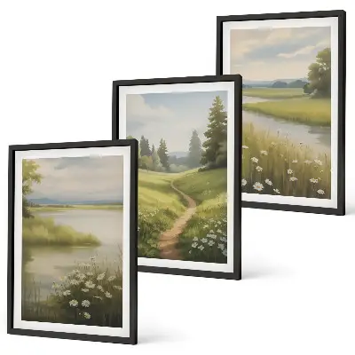 Cadre photo mural représentant un paysage printanier avec une prairie riveraine