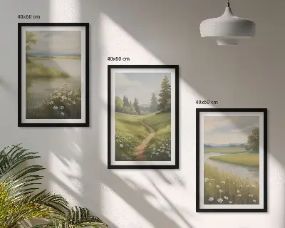 Cadre photo mural représentant un paysage printanier avec une prairie riveraine