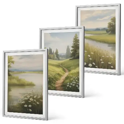 Cadre photo mural représentant un paysage printanier avec une prairie riveraine