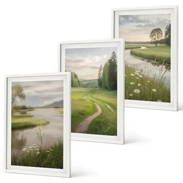 Lot de 3 tableaux pour salon paysages d'été représentant une rivière et une prairie fleurie