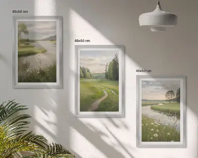 Lot de 3 tableaux pour salon paysages d'été représentant une rivière et une prairie fleurie