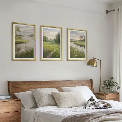Lot de 3 tableaux pour salon paysages d'été représentant une rivière et une prairie fleurie