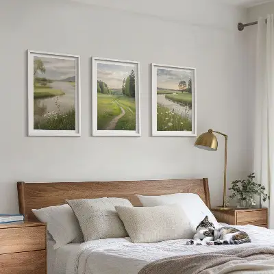 Lot de 3 tableaux pour salon paysages d'été représentant une rivière et une prairie fleurie