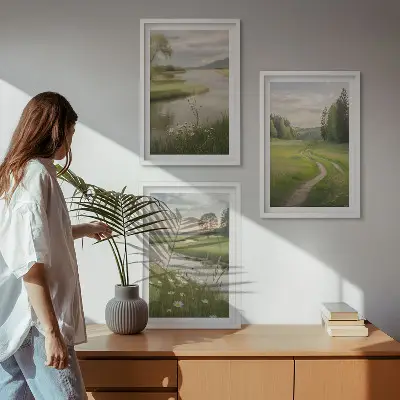 Lot de 3 tableaux pour salon paysages d'été représentant une rivière et une prairie fleurie