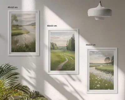 Lot de 3 tableaux pour salon paysages d'été représentant une rivière et une prairie fleurie