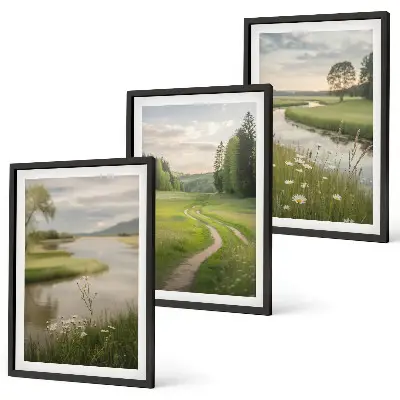 Lot de 3 tableaux pour salon paysages d'été représentant une rivière et une prairie fleurie