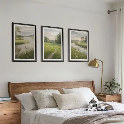 Lot de 3 tableaux pour salon paysages d'été représentant une rivière et une prairie fleurie