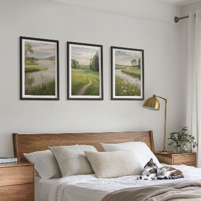 Lot de 3 tableaux pour salon Paysages d'été, rivière, prairie fleurie