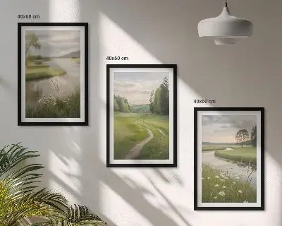Lot de 3 tableaux pour salon paysages d'été représentant une rivière et une prairie fleurie