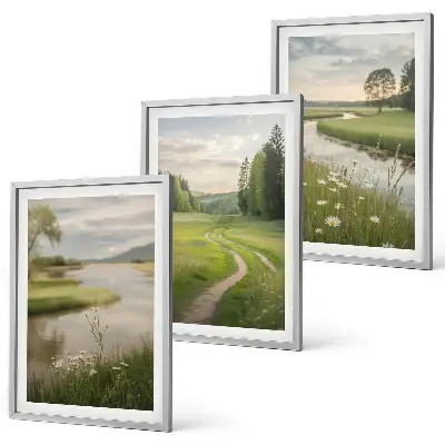 Lot de 3 tableaux pour salon paysages d'été représentant une rivière et une prairie fleurie