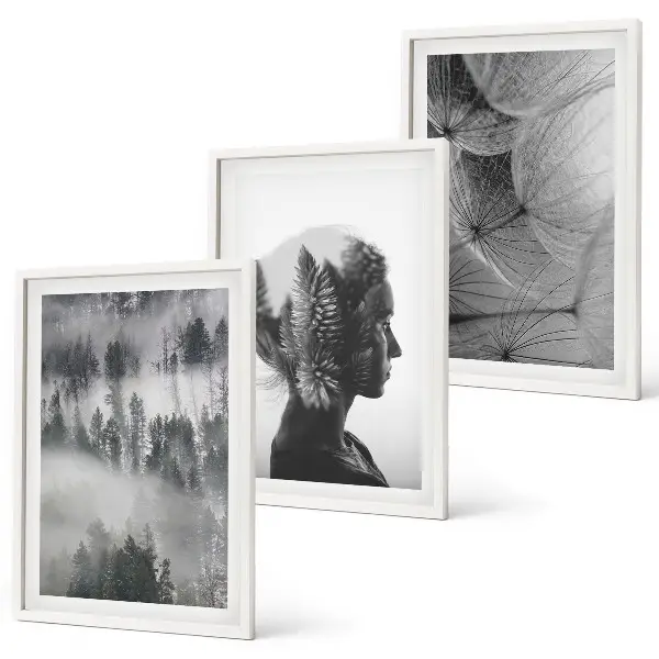 Lot de 3 tableaux pour salon représentant un portrait de forêt avec des arbres et un pissenlit