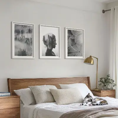 Lot de 3 tableaux pour salon représentant un portrait de forêt avec des arbres et un pissenlit