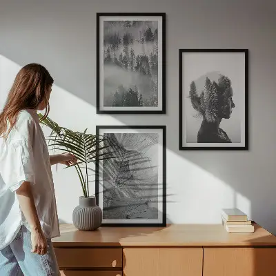 Lot de 3 tableaux pour salon représentant un portrait de forêt avec des arbres et un pissenlit