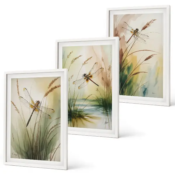 Lot de 3 tableaux pour salon peinture à l'eau représentant des libellules sur de l'herbe