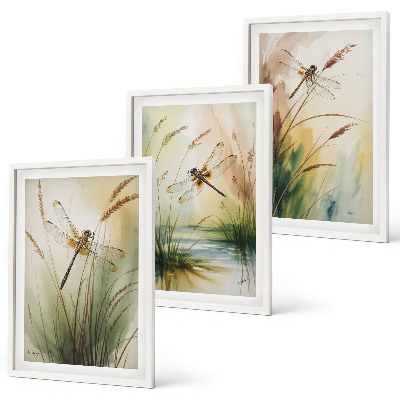 Lot de 3 tableaux pour salon Peinture à l'eau de libellules sur herbe