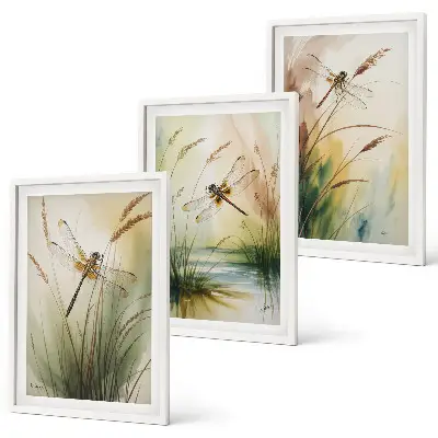 Lot de 3 tableaux pour salon peinture à l'eau représentant des libellules sur de l'herbe
