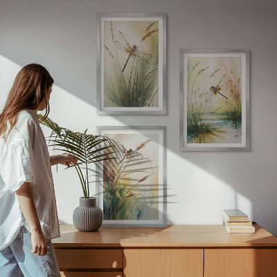 Lot de 3 tableaux pour salon Peinture à l'eau de libellules sur herbe