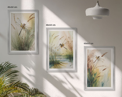 Lot de 3 tableaux pour salon Peinture à l'eau de libellules sur herbe