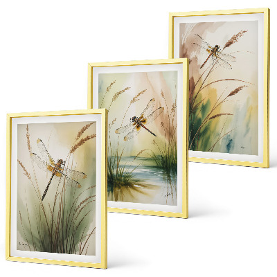 Lot de 3 tableaux pour salon Peinture à l'eau de libellules sur herbe
