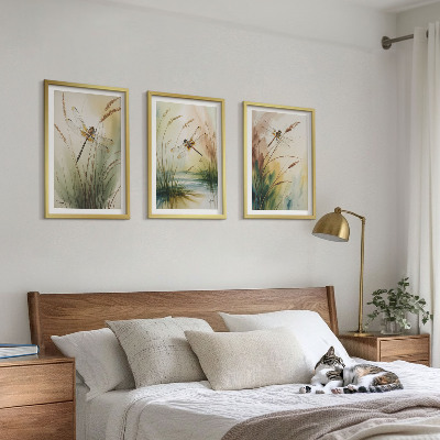 Lot de 3 tableaux pour salon Peinture à l'eau de libellules sur herbe
