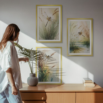 Lot de 3 tableaux pour salon Peinture à l'eau de libellules sur herbe