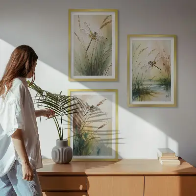 Lot de 3 tableaux pour salon peinture à l'eau représentant des libellules sur de l'herbe