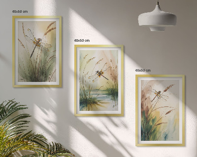 Lot de 3 tableaux pour salon Peinture à l'eau de libellules sur herbe