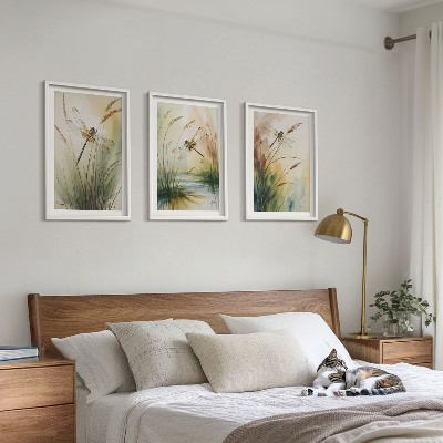Lot de 3 tableaux pour salon Peinture à l'eau de libellules sur herbe