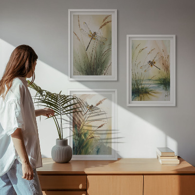 Lot de 3 tableaux pour salon Peinture à l'eau de libellules sur herbe