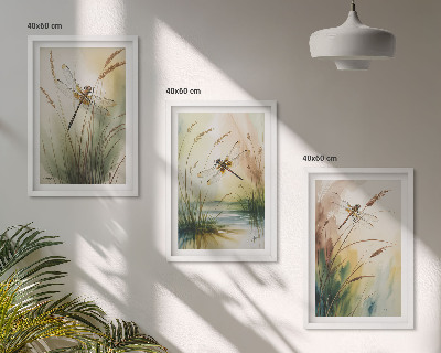 Lot de 3 tableaux pour salon Peinture à l'eau de libellules sur herbe