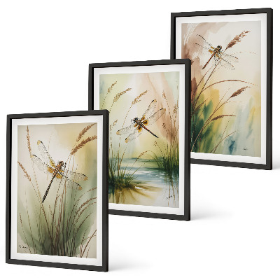 Lot de 3 tableaux pour salon Peinture à l'eau de libellules sur herbe