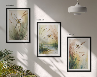 Lot de 3 tableaux pour salon Peinture à l'eau de libellules sur herbe