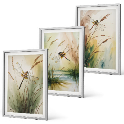 Lot de 3 tableaux pour salon Peinture à l'eau de libellules sur herbe