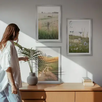 Lot de 3 tableaux pour salon motif paysages de nature avec champs et sentier