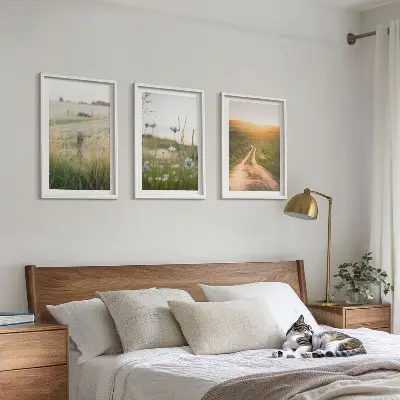 Lot de 3 tableaux pour salon motif paysages de nature avec champs et sentier