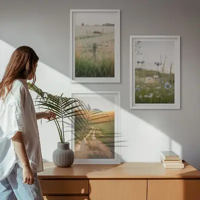 Lot de 3 tableaux pour salon motif paysages de nature avec champs et sentier