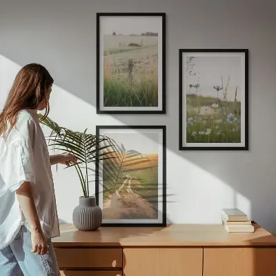 Lot de 3 tableaux pour salon motif paysages de nature avec champs et sentier