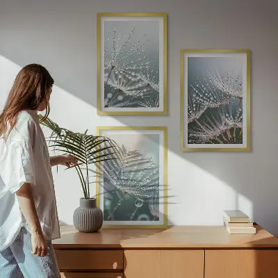 Cadre photo mural gouttes d'eau sur des pousses de pissenlit
