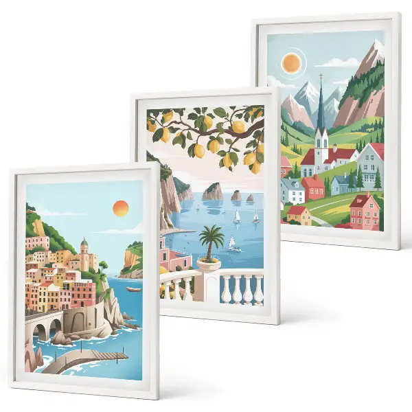 Lot de 3 tableaux pour salon avec des paysages de mer et d'agrumes