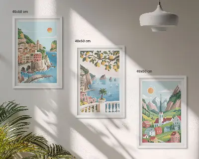 Lot de 3 tableaux pour salon avec des paysages de mer et d'agrumes