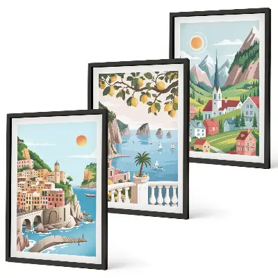 Lot de 3 tableaux pour salon avec des paysages de mer et d'agrumes