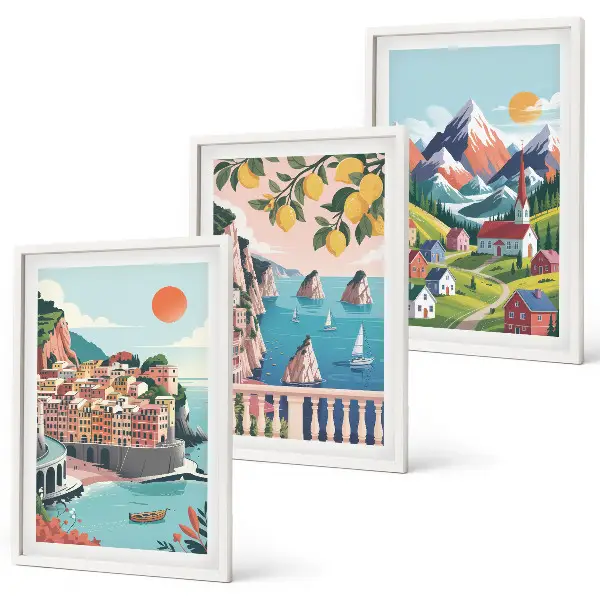 Lot de 3 tableaux pour salon motif montagnes et villes colorées