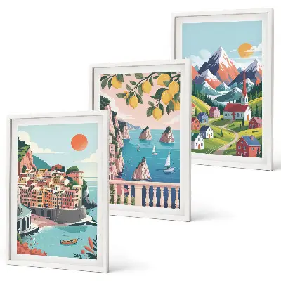 Lot de 3 tableaux pour salon motif montagnes et villes colorées