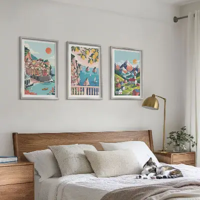 Lot de 3 tableaux pour salon motif montagnes et villes colorées