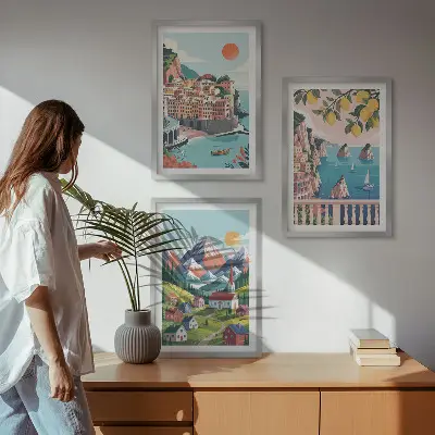 Lot de 3 tableaux pour salon motif montagnes et villes colorées