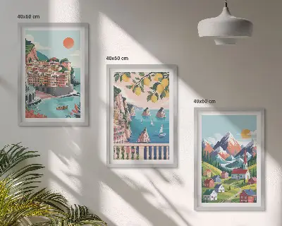 Lot de 3 tableaux pour salon motif montagnes et villes colorées
