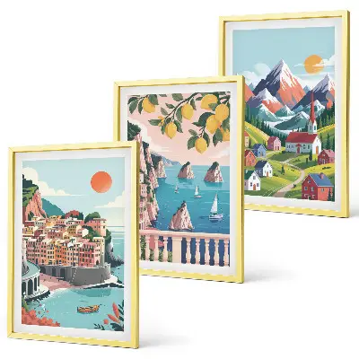 Lot de 3 tableaux pour salon motif montagnes et villes colorées